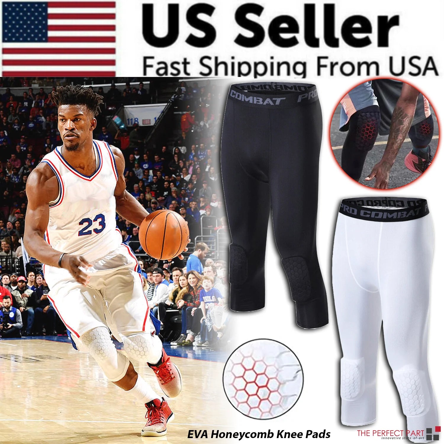 Men’s basketball compression leggings with EVA honeycomb knee pads.