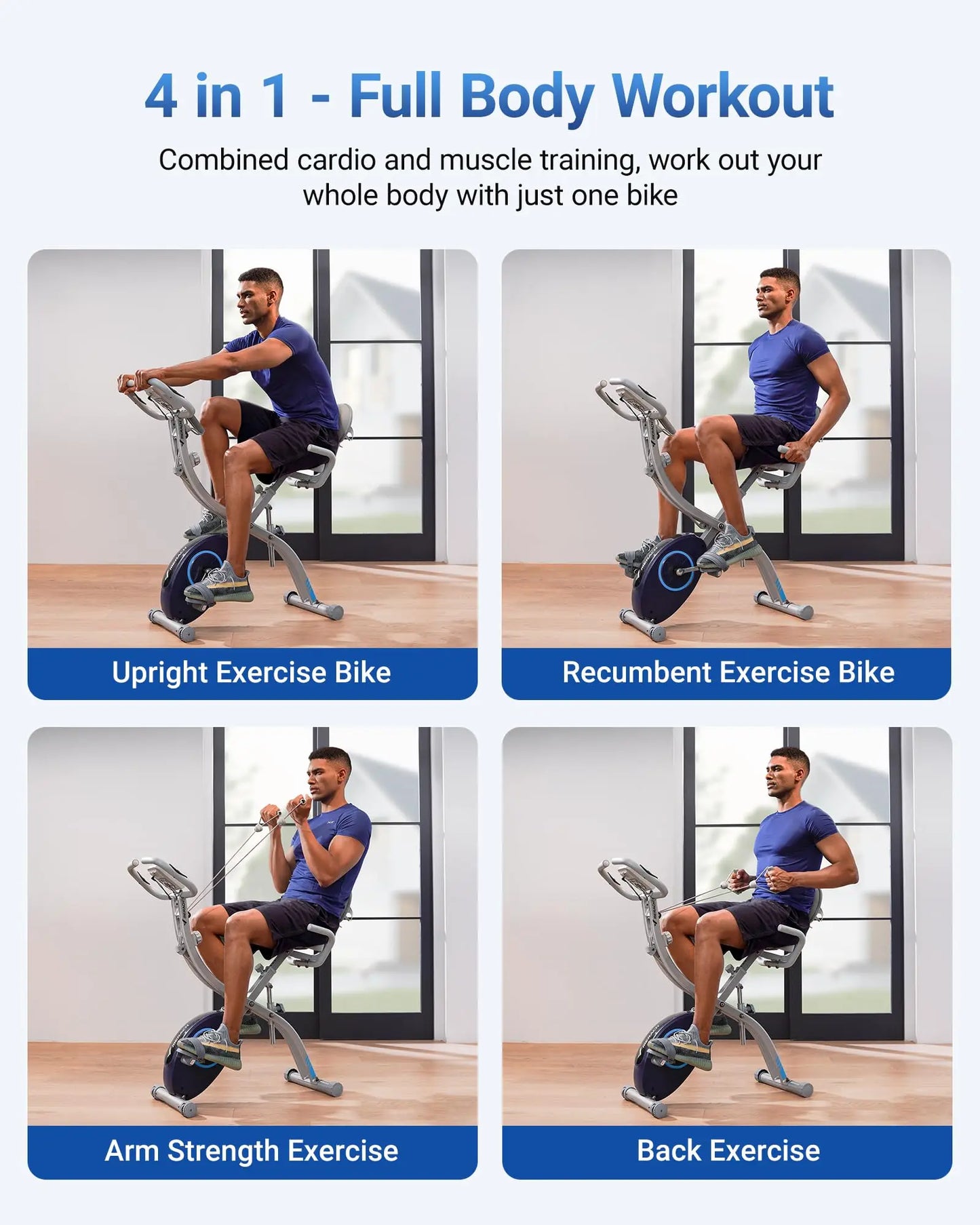 MERACH Folding Exercise Bike 4in1 Magnetic Stationary with16-Level Resistance Exclusive APP 300LB Capacity Comfort Seat X-bike - Ignition Fitness