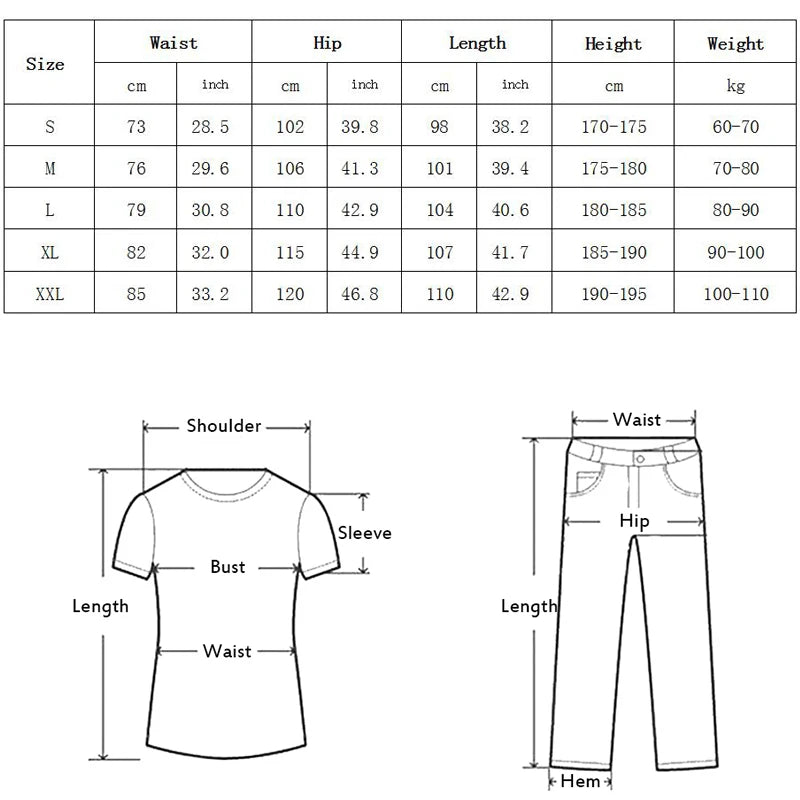 Men's pants and T-shirt size chart