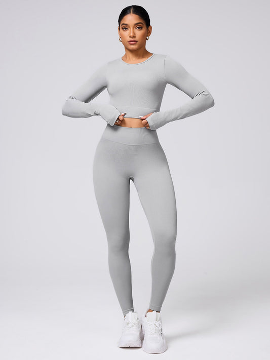 Back Crisscross Round Neck Long Sleeve Top and Leggings Active Set - Ignition Fitness