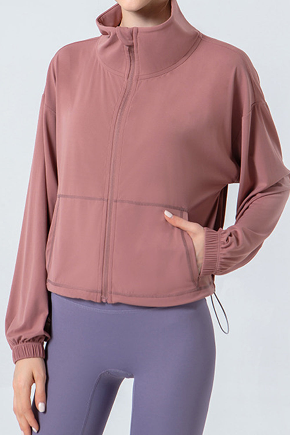 Drawstring Zip Up Dropped Shoulder Active Outerwear - Ignition Fitness