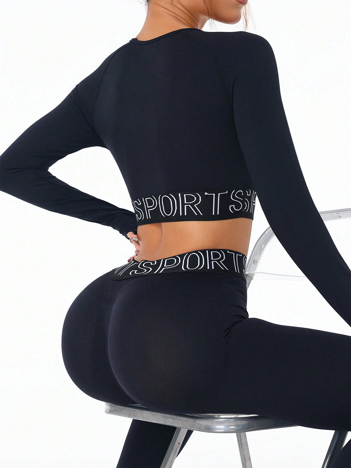 Letter Print Round Neck Long Sleeve Top and Leggings Active Set - Ignition Fitness