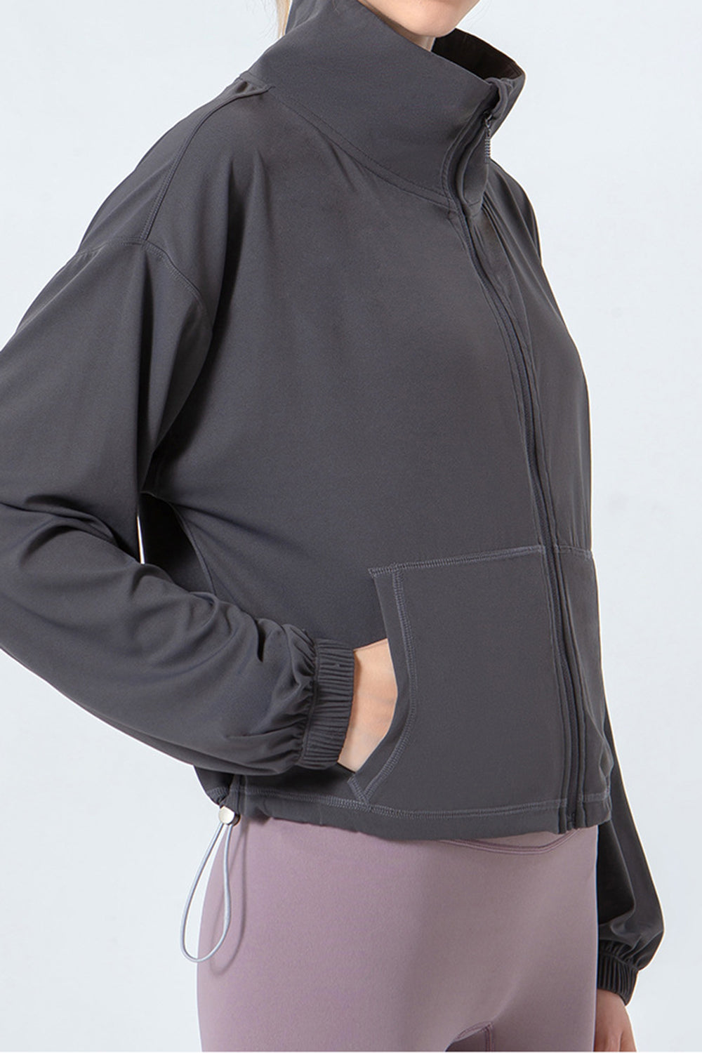 Drawstring Zip Up Dropped Shoulder Active Outerwear - Ignition Fitness