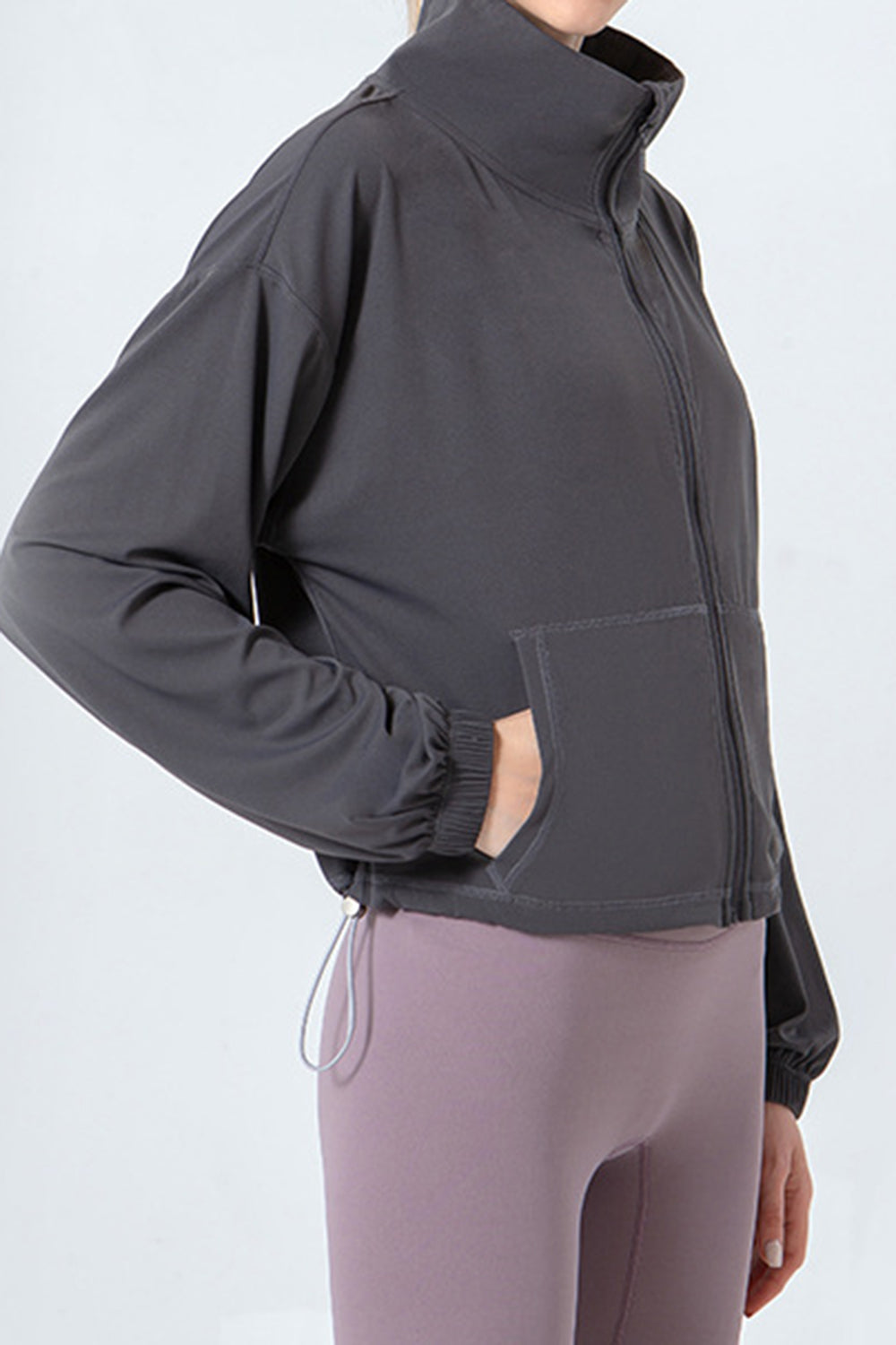 Drawstring Zip Up Dropped Shoulder Active Outerwear - Ignition Fitness