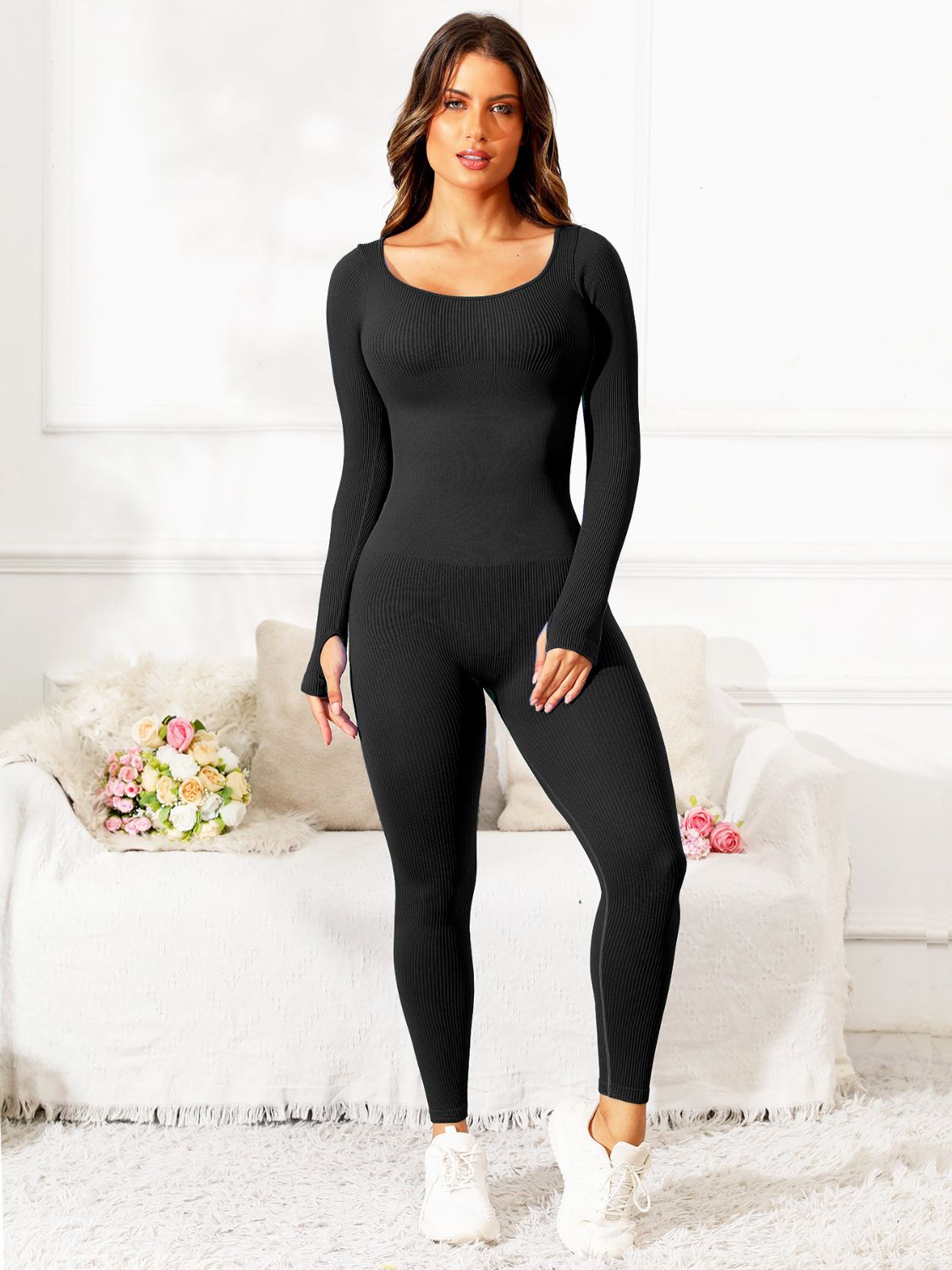 Scoop Neck Long Sleeve Active Jumpsuit - Ignition Fitness