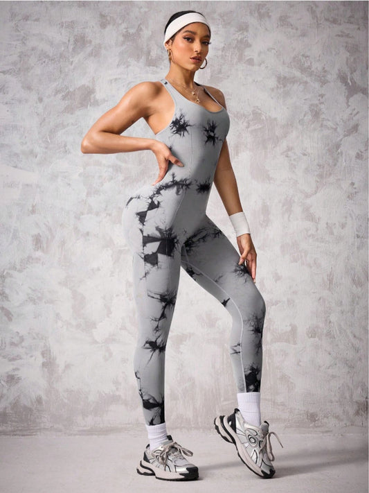 Back Crisscross Tie-Dye Scoop Neck Active Jumpsuit - Ignition Fitness