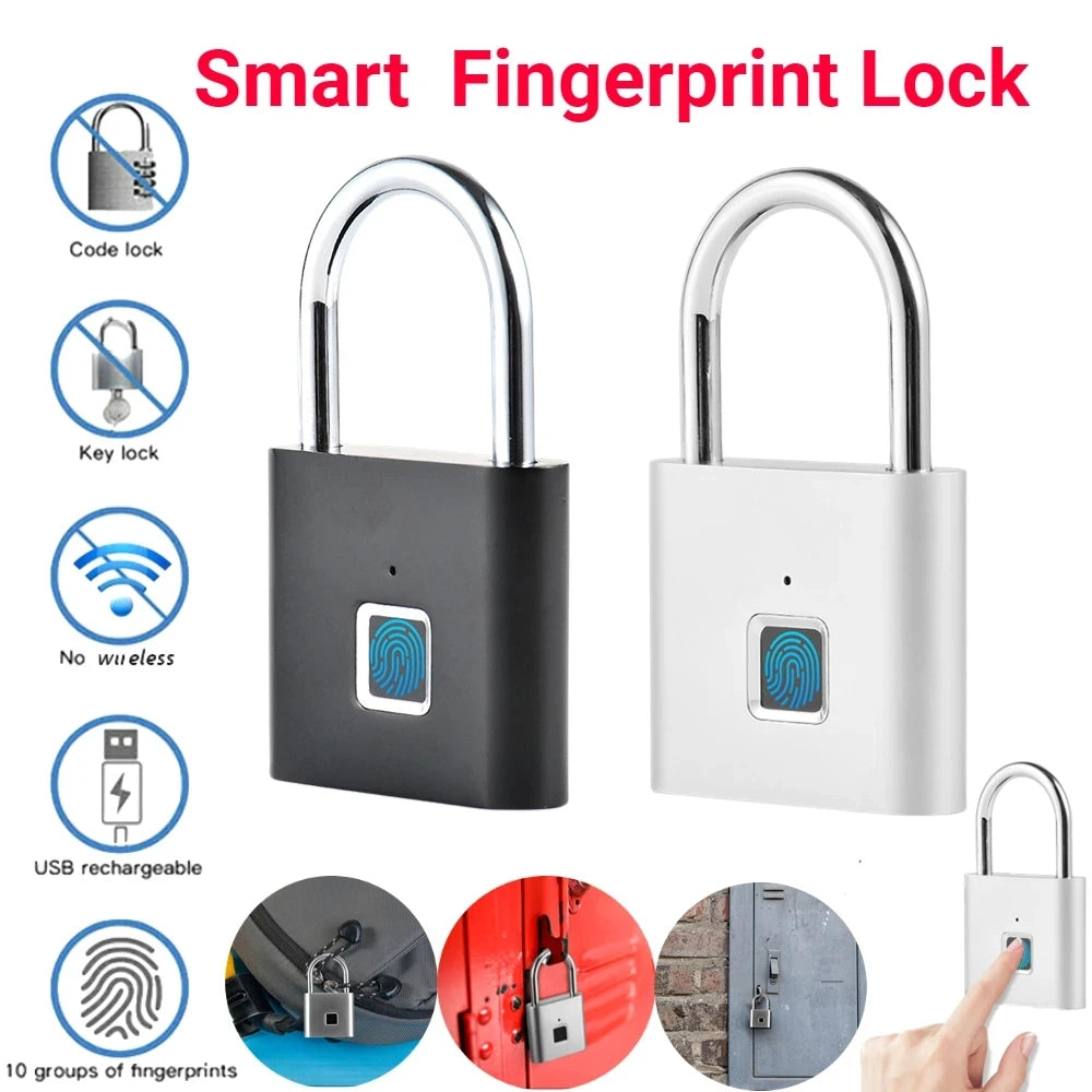 Smart Fingerprint Padlock Waterproof Biometric Fingerprint Keyless Door Lock USB Rechargeable Security Padlock for House Unlock - Ignition Fitness