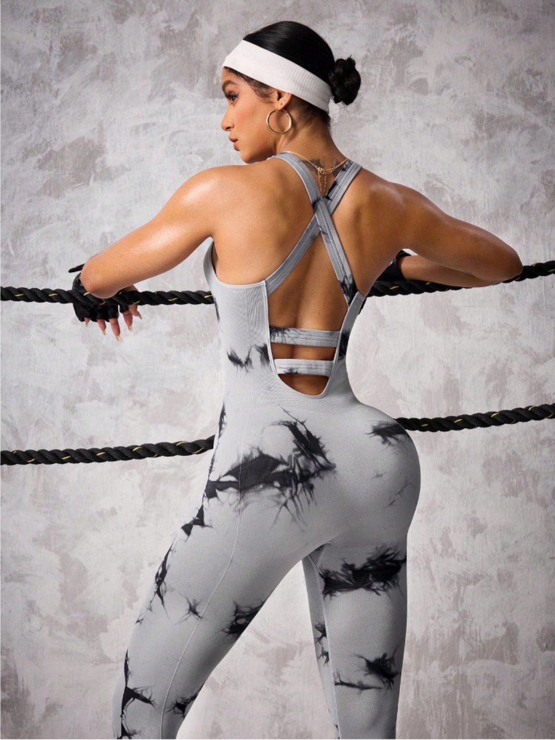 Back Crisscross Tie-Dye Scoop Neck Active Jumpsuit - Ignition Fitness